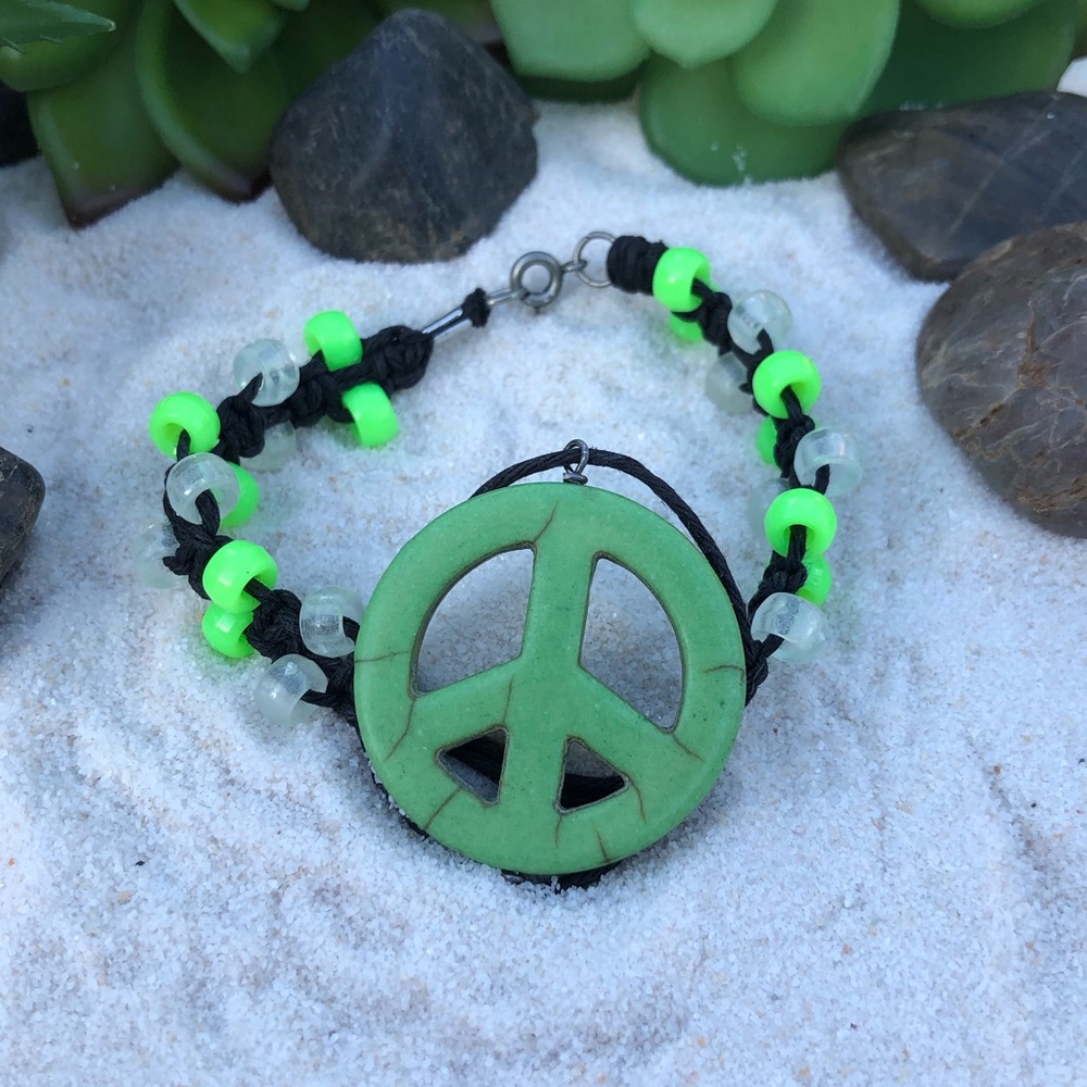 Hemp Macrame Green Peace Sign Bracelet or Anklet